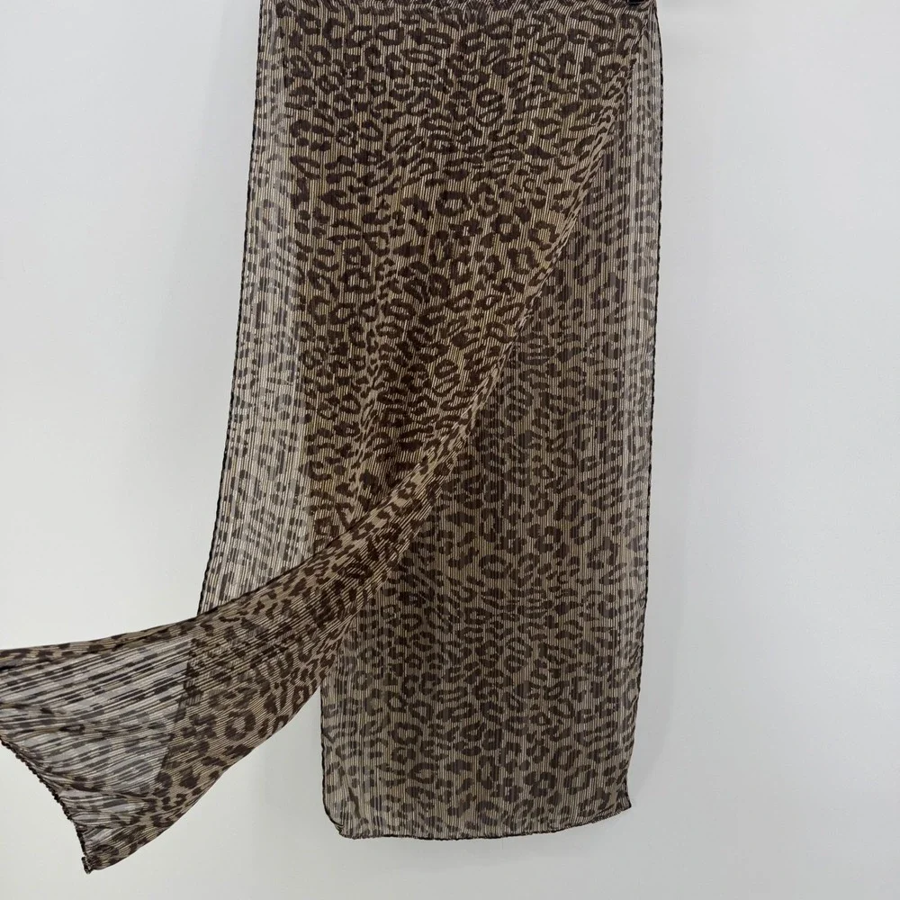 Leopard Print Pleated Sheer Scarf Brown Taupe Lightweight Animal Print